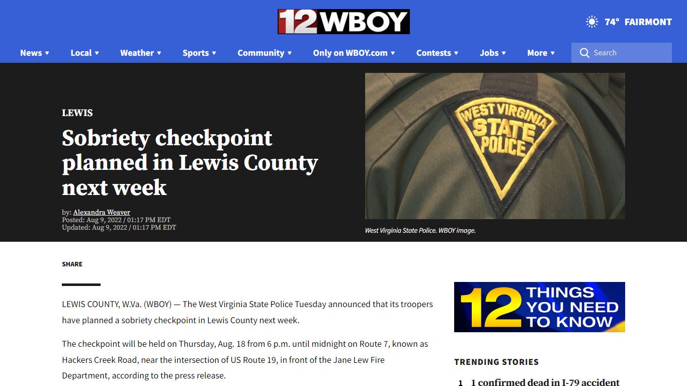 Sobriety checkpoint planned in Lewis County next week